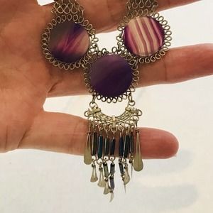 Purple Agate Stone Pendant Necklace Circles‎ Iridescent Beads Dangle Waterfall